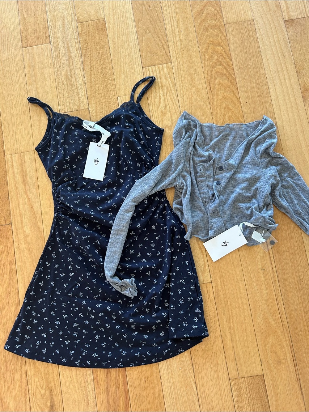 Navy Floral Slip Dress with Grey Cropped Cardigan - Set
